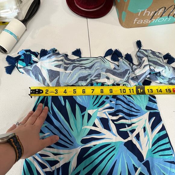 escapada Blue Tropical Floral Mini Dress Tunic Tassels Off The Shoulder XS - Picture 7 of 7